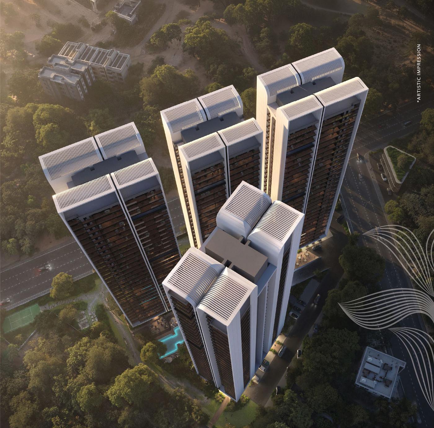 Aerial view of the four towers of The Aerth in green cover