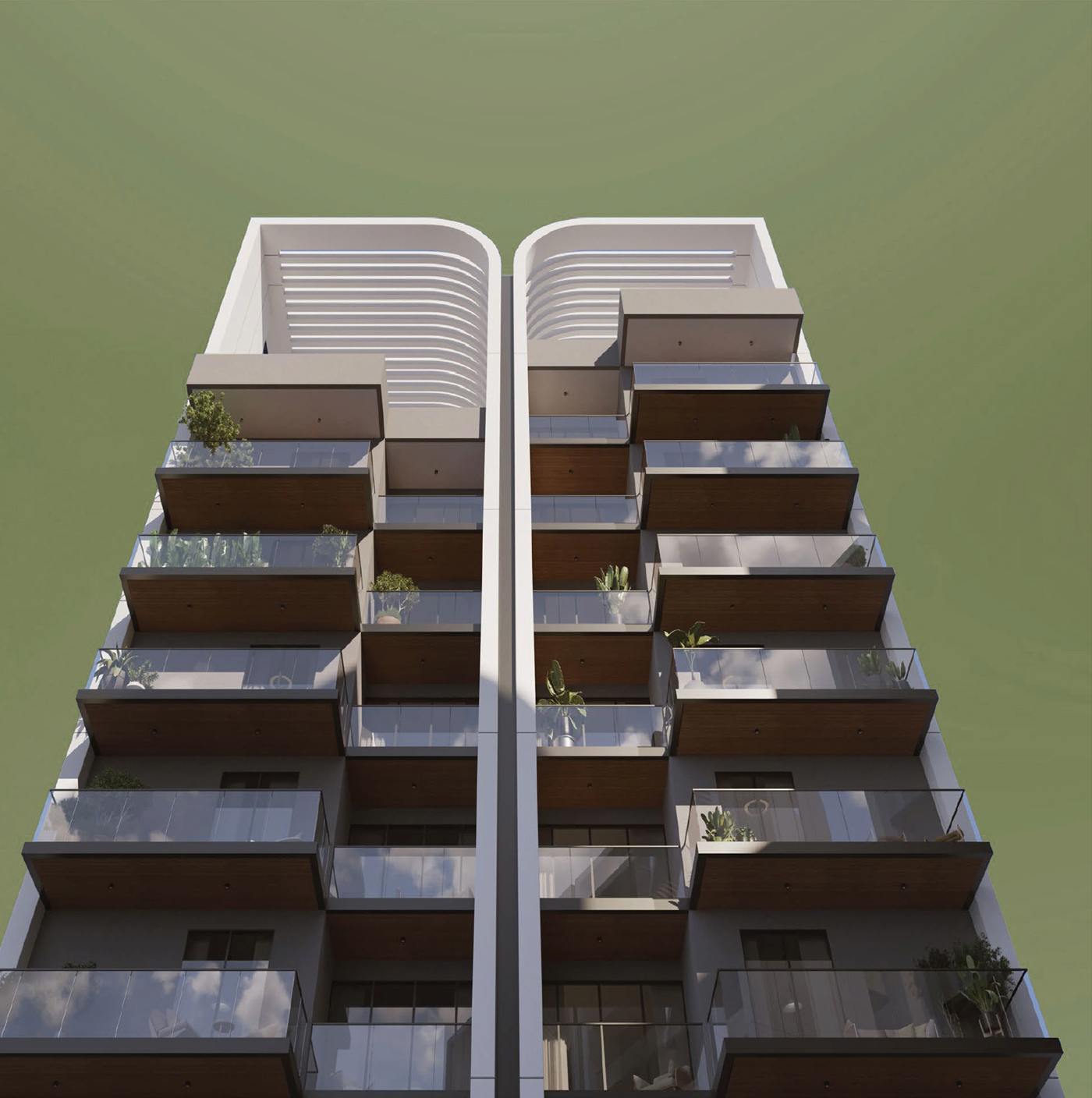 Looking up a tower of The Aerth — twin crowns and deep timber-lined balconies