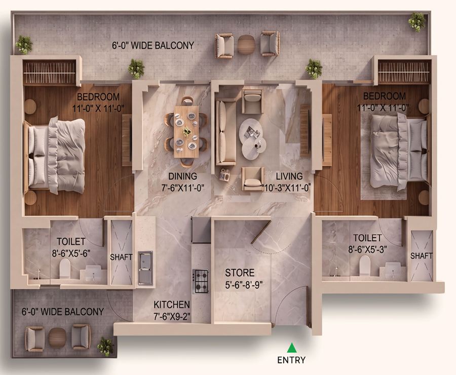 2.5 BHK floor plan — 2 BHK plus store, 1,350 sq. ft. super area