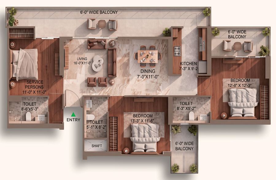 3 BHK floor plan — 2 BHK plus service person room, 1,750 sq. ft. super area