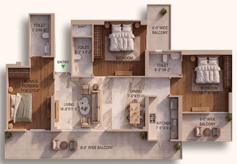 3 BHK floor plan — 2 BHK plus service person room, 1,780 sq. ft. super area