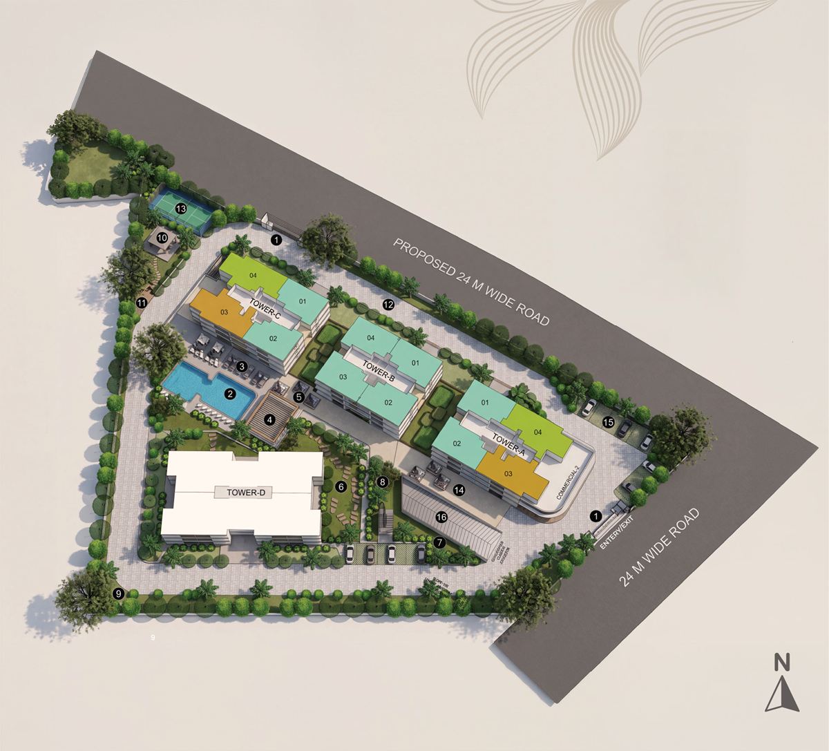 Master plan of The Aerth — Towers A to D around the pool, pool deck and gardens